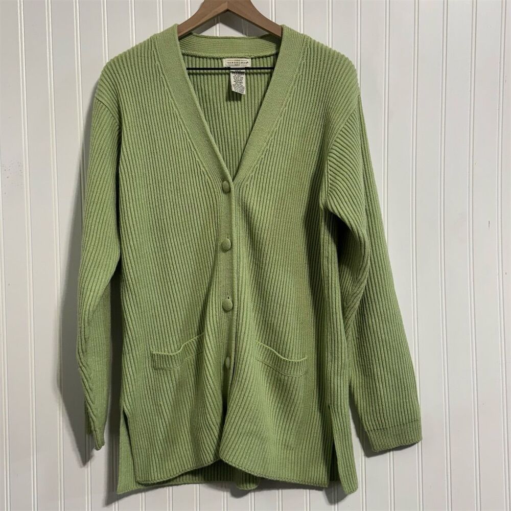 Yarnworks M Cardigan Sweater Rib Knit Lime Green V-Neck Pockets 100% Acrylic